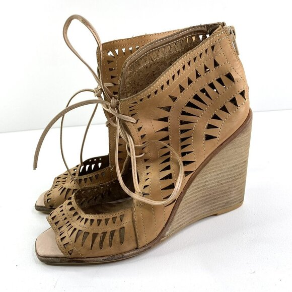 Jeffrey Campbell Shoes Size 10 Rodillo Tan Cut Out Boho Lace Up Wedge Sandals - Picture 4 of 9